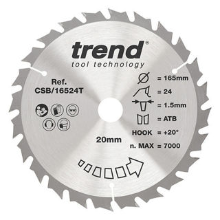 Trend Craft Thin Kerf Saw Blade 165mm Diameter x 24 Teeth x 20mm Bore x 1.5mm Kerf Murdock Builders Merchants