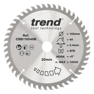 Trend Craft Trimming Crosscut Saw blade 165mm Diameter x 48 Teeth x 20mm Bore x 2.2mm Kerf Murdock Builders Merchants