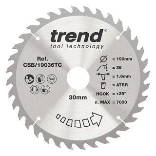 Trend Craft Thin Kerf Saw Blade 190mm Diameter x 36 Teeth x 30mm Bore x 1.6mm Kerf Murdock Builders Merchants