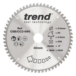 Trend Craft Crosscut Saw Blade 216mm Diameter x 60 Teeth x 30mm Bore x 2.6mm Kerf Murdock Builders Merchants