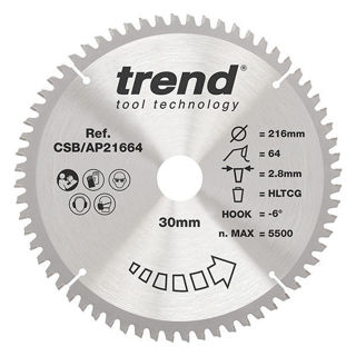 Trend Craft Aluminium and Plastic Saw Blade 216mm Diameter x 64 Teeth x 30mm x 2.8mm Kerf Murdock Builders Merchants