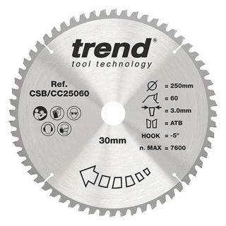 Trend Craft Crosscut Mitre Saw Blade 250mm x 30mm x 60 Teeth Fine Finish Murdock Builders Merchants